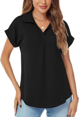 Women's Bat Wing V Neck Short Sleeve Office Work Business Attire Collared Casual Summer Shirts in Saudi Arabia
