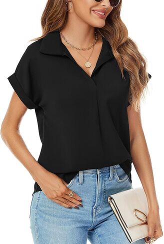 Women's Bat Wing V Neck Short Sleeve Office Work Business Attire Collared Casual Summer Shirts in Saudi Arabia