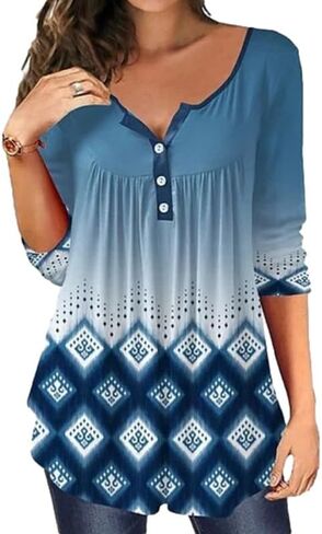 بلوزة نسائية مطبوعة من Henley بأكمام طويلة وأزرار سفلية، بلوزة كاجوال فضفاضة مناسبة لخريف وشتاء in Saudi Arabia