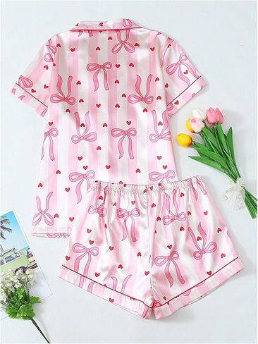 Verdusa Women's 2 Piece Cute Bow Striped Satin Pajama Set Button Down Short Sleeve Top and Shorts in Saudi Arabia