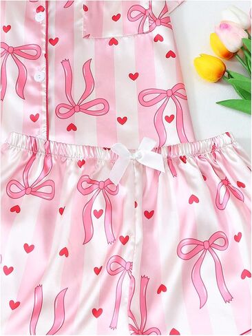 Verdusa Women's 2 Piece Cute Bow Striped Satin Pajama Set Button Down Short Sleeve Top and Shorts in Saudi Arabia