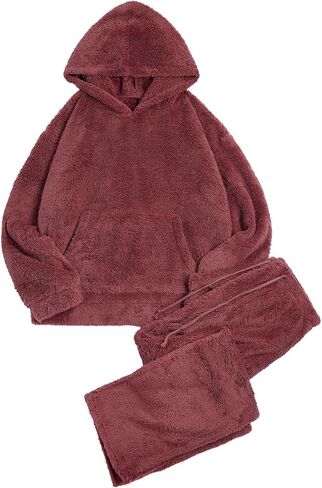 ZAFUL Women's Fuzzy Fleece Pajamas Lounge Sets 2 Piece Pocket Hoodies and Wide Leg Pants Sleepwear Outfits in Saudi Arabia