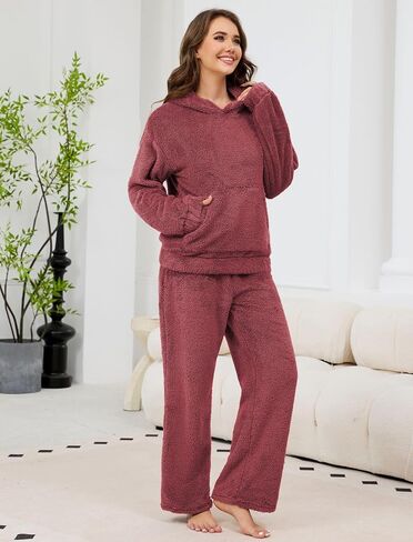 ZAFUL Women's Fuzzy Fleece Pajamas Lounge Sets 2 Piece Pocket Hoodies and Wide Leg Pants Sleepwear Outfits in Saudi Arabia