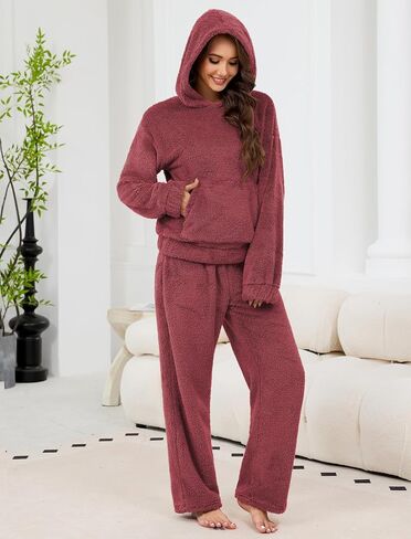 ZAFUL Women's Fuzzy Fleece Pajamas Lounge Sets 2 Piece Pocket Hoodies and Wide Leg Pants Sleepwear Outfits in Saudi Arabia