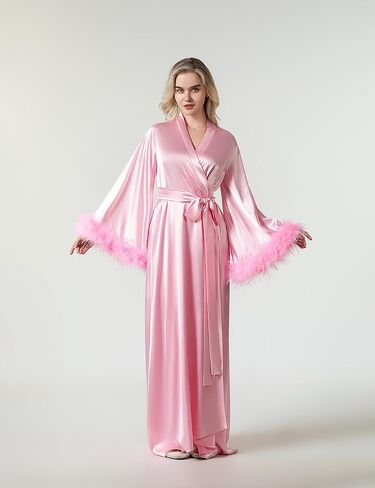 Women's Feather Bridal Robe Long Satin Nightgown Old Hollywood Maternity Photoshoot robes for women Lingerie Bathrobe in Saudi Arabia