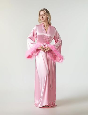 Women's Feather Bridal Robe Long Satin Nightgown Old Hollywood Maternity Photoshoot robes for women Lingerie Bathrobe in Saudi Arabia