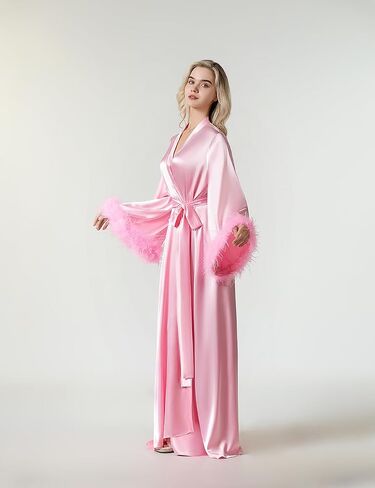 Women's Feather Bridal Robe Long Satin Nightgown Old Hollywood Maternity Photoshoot robes for women Lingerie Bathrobe in Saudi Arabia