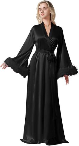 Women's Feather Bridal Robe Long Satin Nightgown Old Hollywood Maternity Photoshoot robes for women Lingerie Bathrobe in Saudi Arabia