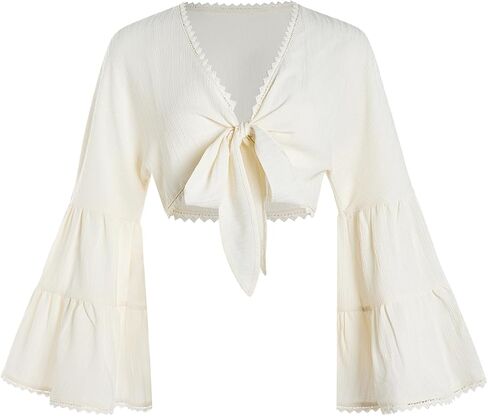 Women's Tie Bow Front Cardigan Long Bell Sleeve Blouse Crop Top Shirt Casual Deep V Neck Top in Kuwait