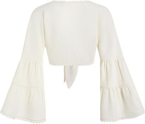 Women's Tie Bow Front Cardigan Long Bell Sleeve Blouse Crop Top Shirt Casual Deep V Neck Top in Kuwait