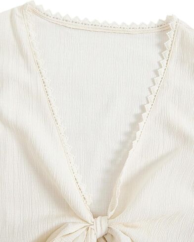 Women's Tie Bow Front Cardigan Long Bell Sleeve Blouse Crop Top Shirt Casual Deep V Neck Top in Kuwait