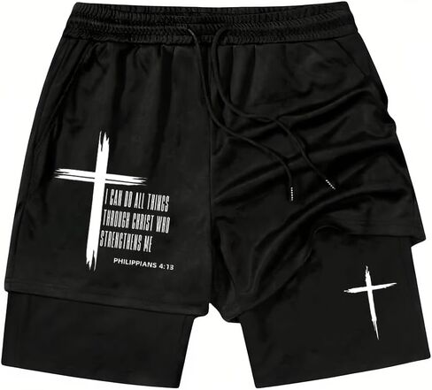 Mens Graphic Shorts I Can Do All Things Through Christ Stand for The Flag Kneel for The Cross 2 in 1 Christian Shorts in Kuwait