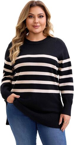 Agnes Orinda Plus Size Women's Fall Sweaters Striped Long Sleeve Crewneck Cozy Knit Trendy Pullover Sweater Tops in Saudi Arabia