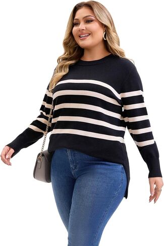 Agnes Orinda Plus Size Women's Fall Sweaters Striped Long Sleeve Crewneck Cozy Knit Trendy Pullover Sweater Tops in Saudi Arabia