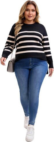 Agnes Orinda Plus Size Women's Fall Sweaters Striped Long Sleeve Crewneck Cozy Knit Trendy Pullover Sweater Tops in Saudi Arabia