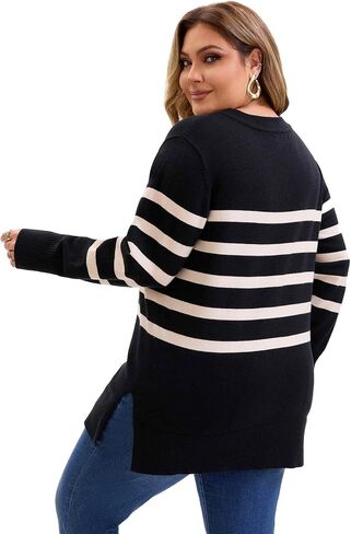 Agnes Orinda Plus Size Women's Fall Sweaters Striped Long Sleeve Crewneck Cozy Knit Trendy Pullover Sweater Tops in Saudi Arabia