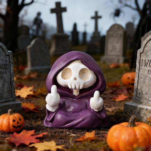 1 PCS Purple Skull Grim Reaper Statue - Middle Finger Design with Ghost Walking Dog, Halloween Edgy Home Decor for Desktop, Bookshelf in Saudi Arabia