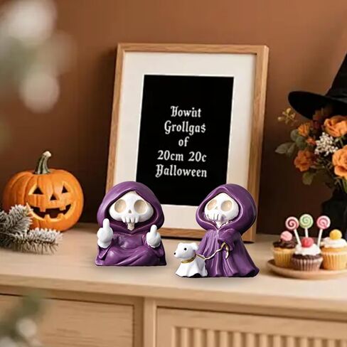 1 PCS Purple Skull Grim Reaper Statue - Middle Finger Design with Ghost Walking Dog, Halloween Edgy Home Decor for Desktop, Bookshelf in Saudi Arabia