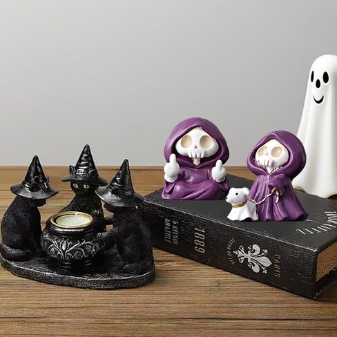 1 PCS Purple Skull Grim Reaper Statue - Middle Finger Design with Ghost Walking Dog, Halloween Edgy Home Decor for Desktop, Bookshelf in Saudi Arabia
