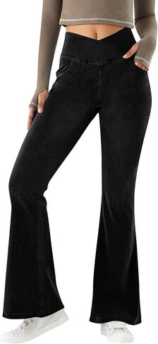 سروال جينز نسائي كروس متوهج لليوجا مع جيوب مقاس كبير بنطال جينز واسع الساق قابل للتمدد وسحب على السراويل in Kuwait