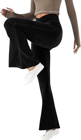 سروال جينز نسائي كروس متوهج لليوجا مع جيوب مقاس كبير بنطال جينز واسع الساق قابل للتمدد وسحب على السراويل in Kuwait