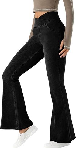 سروال جينز نسائي كروس متوهج لليوجا مع جيوب مقاس كبير بنطال جينز واسع الساق قابل للتمدد وسحب على السراويل in Kuwait