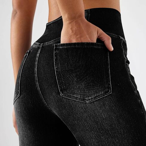 سروال جينز نسائي كروس متوهج لليوجا مع جيوب مقاس كبير بنطال جينز واسع الساق قابل للتمدد وسحب على السراويل in Kuwait