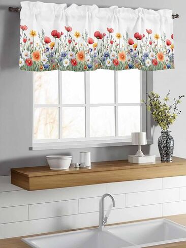 Rod Pocket Valance Watercolor Wildflower Floral Field Short Kitchen Curtains for Windows Decor,Country Spring Flower Plant Window Treatment for Bathroom Living Room Bedroom,1 Panel,54x18in in Saudi Arabia