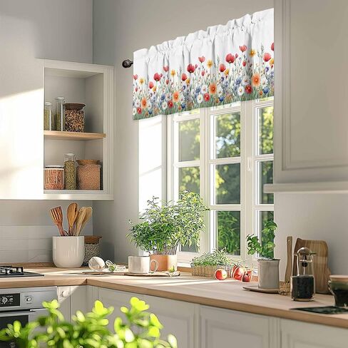 Rod Pocket Valance Watercolor Wildflower Floral Field Short Kitchen Curtains for Windows Decor,Country Spring Flower Plant Window Treatment for Bathroom Living Room Bedroom,1 Panel,54x18in in Saudi Arabia