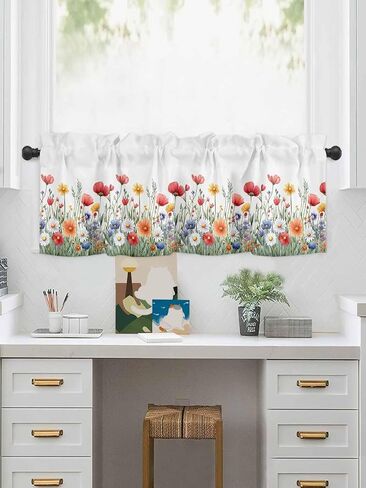 Rod Pocket Valance Watercolor Wildflower Floral Field Short Kitchen Curtains for Windows Decor,Country Spring Flower Plant Window Treatment for Bathroom Living Room Bedroom,1 Panel,54x18in in Saudi Arabia