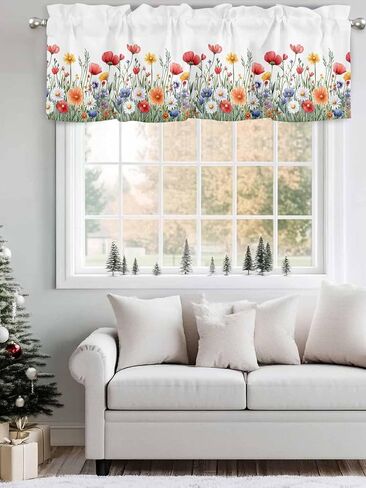 Rod Pocket Valance Watercolor Wildflower Floral Field Short Kitchen Curtains for Windows Decor,Country Spring Flower Plant Window Treatment for Bathroom Living Room Bedroom,1 Panel,54x18in in Saudi Arabia