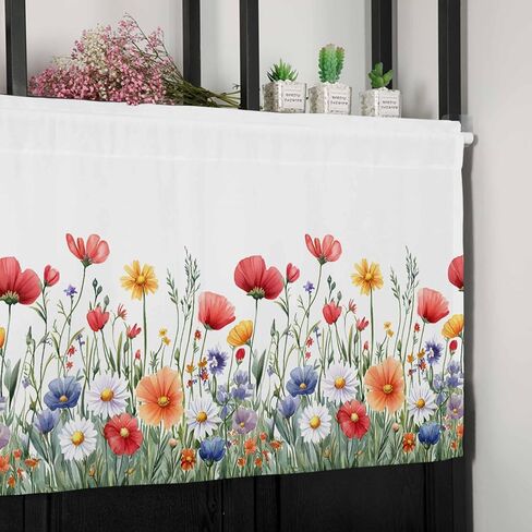 Rod Pocket Valance Watercolor Wildflower Floral Field Short Kitchen Curtains for Windows Decor,Country Spring Flower Plant Window Treatment for Bathroom Living Room Bedroom,1 Panel,54x18in in Saudi Arabia