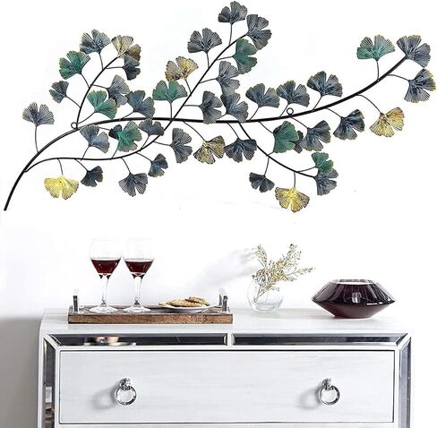 Bellaa Metal Wall Art Flower Ginkgo Leaf Abstract Blue Scroll Hanging Celtic 3D Sculpture Boho Home Decor Outdoor Farmhouse Rustic Japanese Style Golden Blue Turquoise in Kuwait