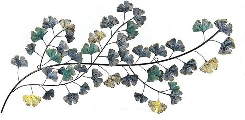Bellaa Metal Wall Art Flower Ginkgo Leaf Abstract Blue Scroll Hanging Celtic 3D Sculpture Boho Home Decor Outdoor Farmhouse Rustic Japanese Style Golden Blue Turquoise in Kuwait