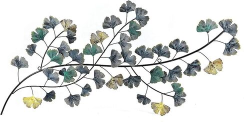 Bellaa Metal Wall Art Flower Ginkgo Leaf Abstract Blue Scroll Hanging Celtic 3D Sculpture Boho Home Decor Outdoor Farmhouse Rustic Japanese Style Golden Blue Turquoise in Kuwait