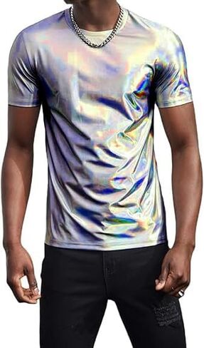WDIRARA Men's Round Neck Short Sleeve Metallic Tee Top Party T Shirts Silver Plain Small in Saudi Arabia