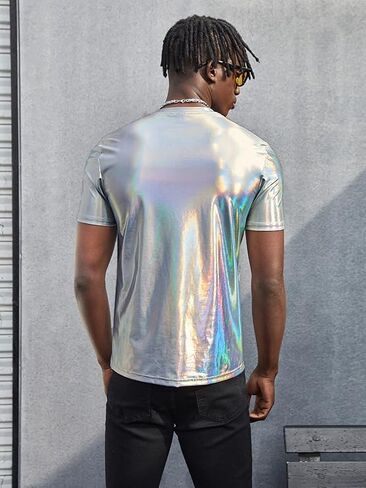 WDIRARA Men's Round Neck Short Sleeve Metallic Tee Top Party T Shirts Silver Plain Small in Saudi Arabia