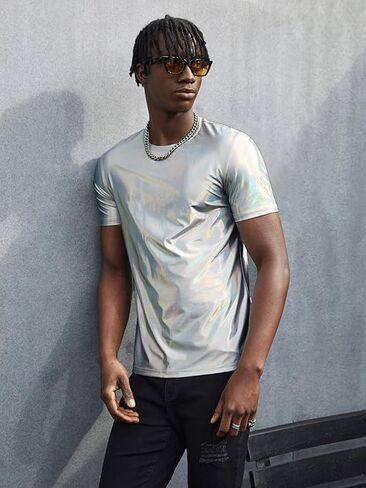 WDIRARA Men's Round Neck Short Sleeve Metallic Tee Top Party T Shirts Silver Plain Small in Saudi Arabia