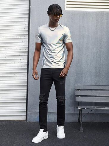 WDIRARA Men's Round Neck Short Sleeve Metallic Tee Top Party T Shirts Silver Plain Small in Saudi Arabia