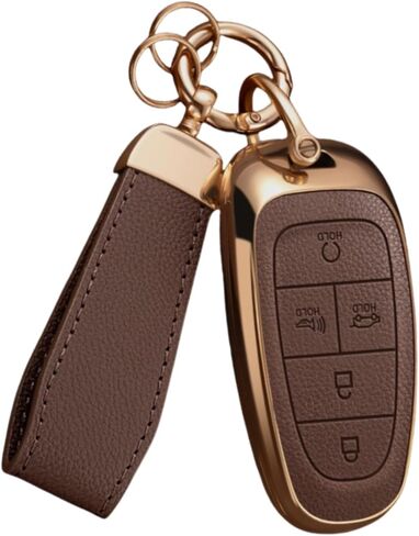 غطاء مفتاح Fob لسيارة Hyundai مع سلسلة مفاتيح، جلد علوي + حافظة مفاتيح سيارة ناعمة من مادة TPU لعام 2024 2023 2022 Hyundai Sonata Santa Fe Nexo Tucson (5 أزرار، بني) in Kuwait