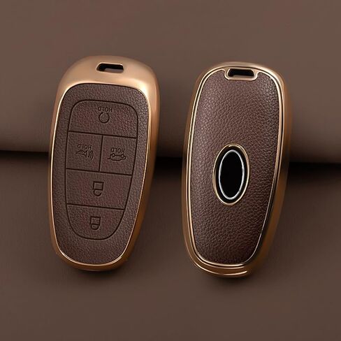 غطاء مفتاح Fob لسيارة Hyundai مع سلسلة مفاتيح، جلد علوي + حافظة مفاتيح سيارة ناعمة من مادة TPU لعام 2024 2023 2022 Hyundai Sonata Santa Fe Nexo Tucson (5 أزرار، بني) in Kuwait