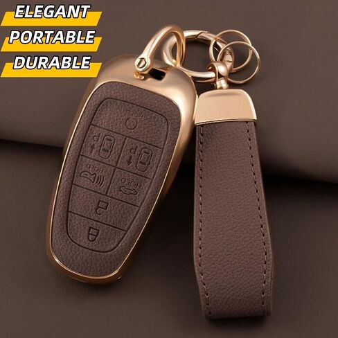 غطاء مفتاح Fob لسيارة Hyundai مع سلسلة مفاتيح، جلد علوي + حافظة مفاتيح سيارة ناعمة من مادة TPU لعام 2024 2023 2022 Hyundai Sonata Santa Fe Nexo Tucson (5 أزرار، بني) in Kuwait
