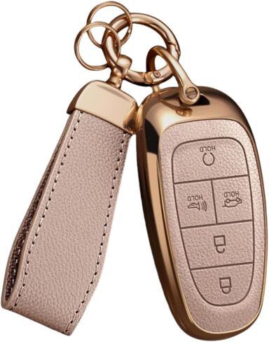 غطاء مفتاح Fob لسيارة Hyundai مع سلسلة مفاتيح، جلد علوي + حافظة مفاتيح سيارة ناعمة من مادة TPU لعام 2024 2023 2022 Hyundai Sonata Santa Fe Nexo Tucson (5 أزرار، بني) in Kuwait