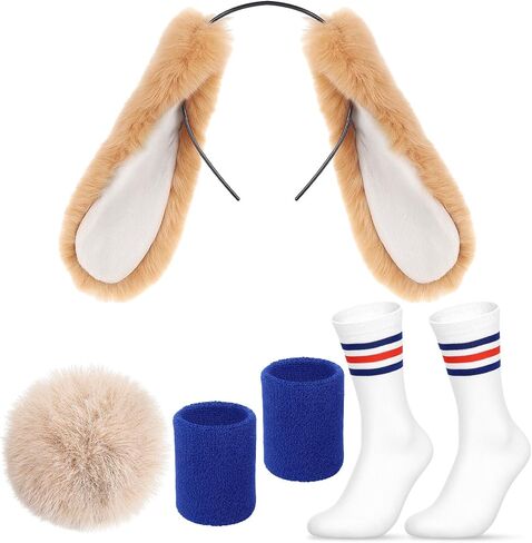 4 Pcs Halloween Bunny Rabbit Costume Set Includes Bunny Ears Headband Plush Tail Pin Elastic Wristband and Knee High Socks for Halloween Costume Accessories Women Cosplay (Drop Ears) in Saudi Arabia