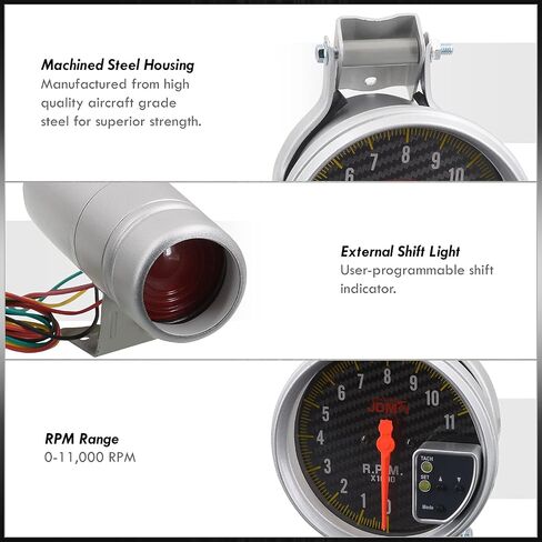 AJP Distributors JDM Sport 5" Carbon Fiber Analog Tachometer 11K RPM Tach Gauge with 7 LED Multicolored Display and External Adjustable Red Shift Light Upgrade Compatible/Replacement For Universal Car in Saudi Arabia
