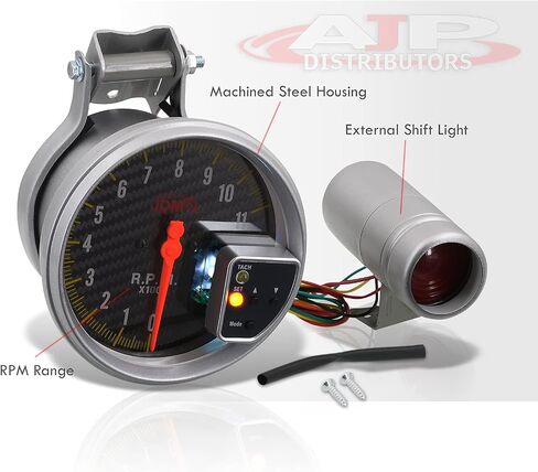 AJP Distributors JDM Sport 5" Carbon Fiber Analog Tachometer 11K RPM Tach Gauge with 7 LED Multicolored Display and External Adjustable Red Shift Light Upgrade Compatible/Replacement For Universal Car in Saudi Arabia