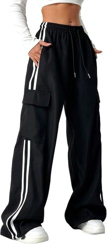QJQ Men's Wide Leg Baggy Sweatpants Striped Y2k Trousers Parachute Pants with Pockets Casual Streetwear in Saudi Arabia
