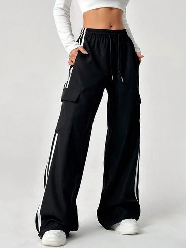 QJQ Men's Wide Leg Baggy Sweatpants Striped Y2k Trousers Parachute Pants with Pockets Casual Streetwear in Saudi Arabia