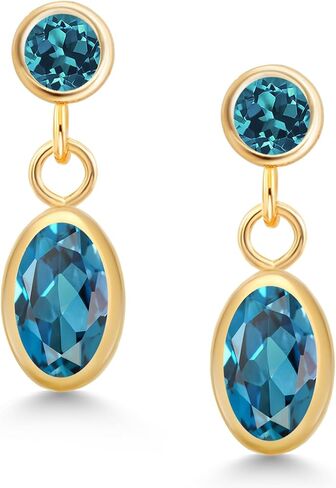 Gem Stone King 14K Yellow Gold London Blue Topaz Drop Dangle Earrings For Women (1.46 Cttw, Gemstone Birthstone, Oval 6X4MM, Round 3MM) in Saudi Arabia