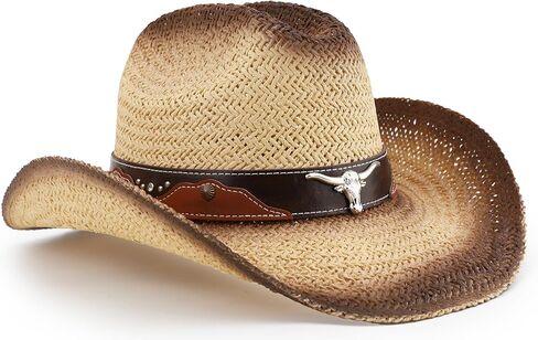 قبعة رعاة البقر من القش الغربي للنساء والرجال، قبعة راعية البقر للشاطئ الشمسي، حافة واسعة، نمط تجعد رجل الماشية in Kuwait
